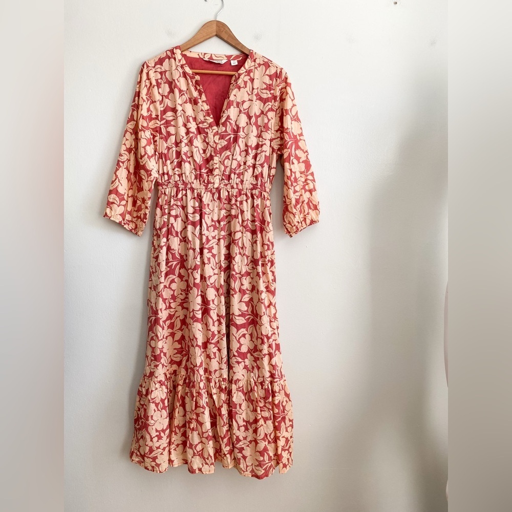 Cotton Floral Tiered Maxi Dress Boho Modest Travel Earthy Beige Feminine Size S - Picture 6 of 9